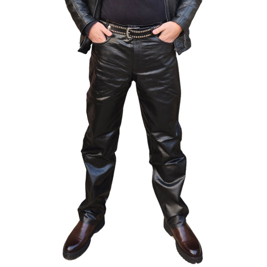 ZAWIAR Mens Black Leather Motorcycle Classic Trousers