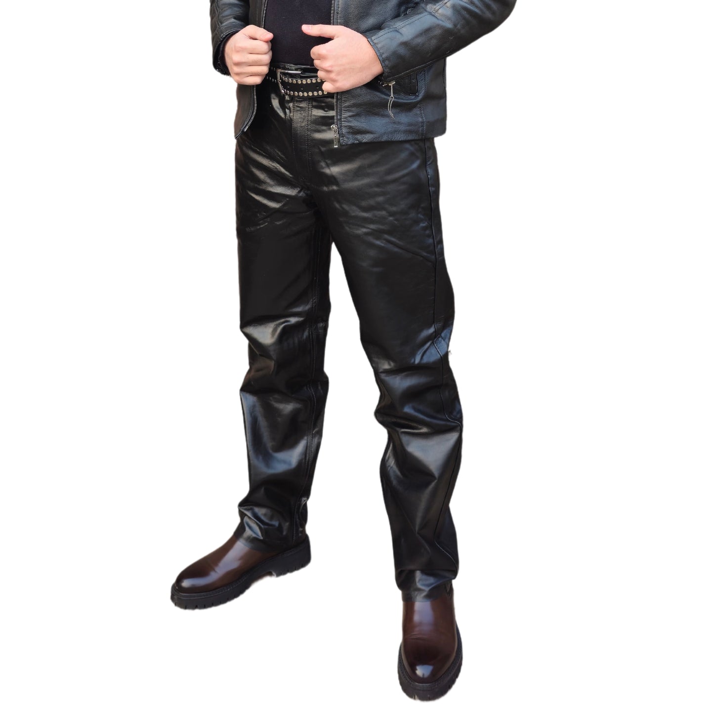 ZAWIAR Mens Black Leather Motorcycle Classic Trousers