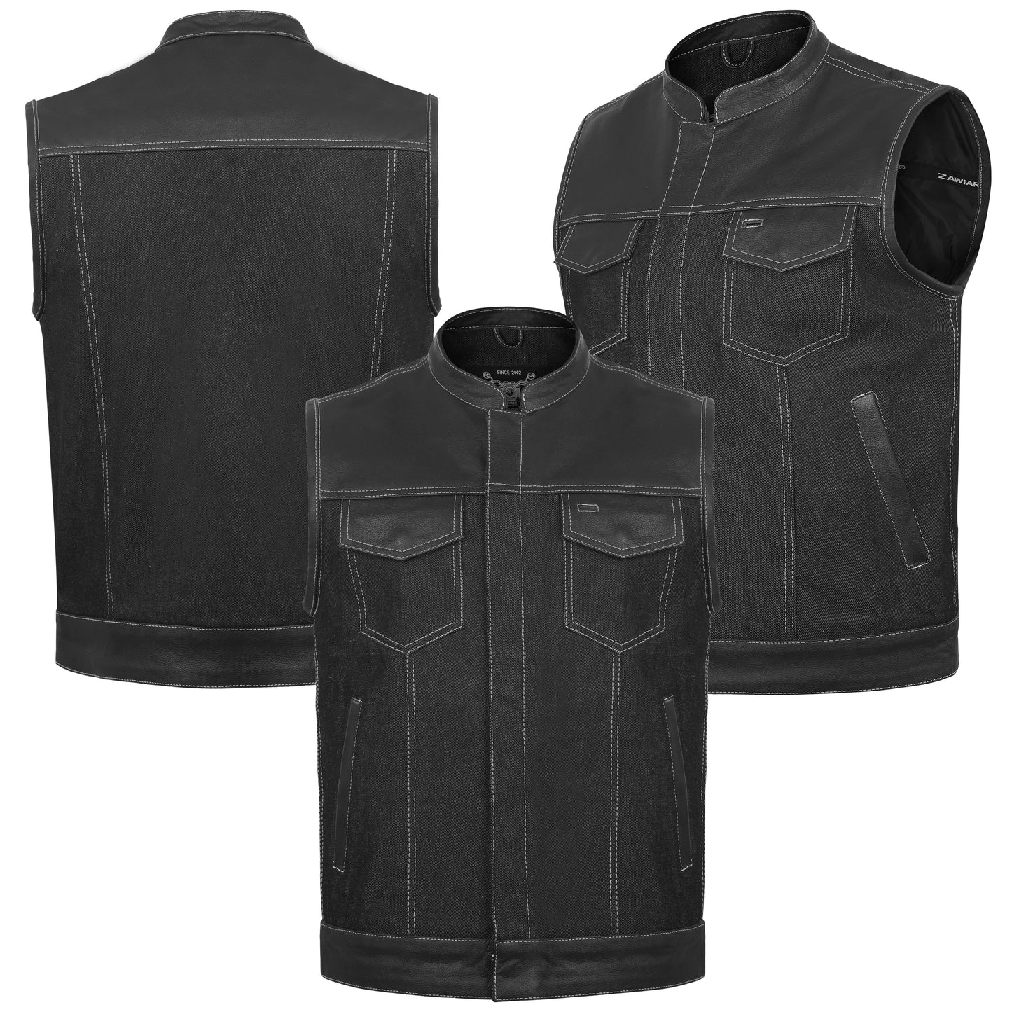 ZAWIAR Mens Black Leather & Denim Classic Club Style Waistcoat Vest for Bikers…