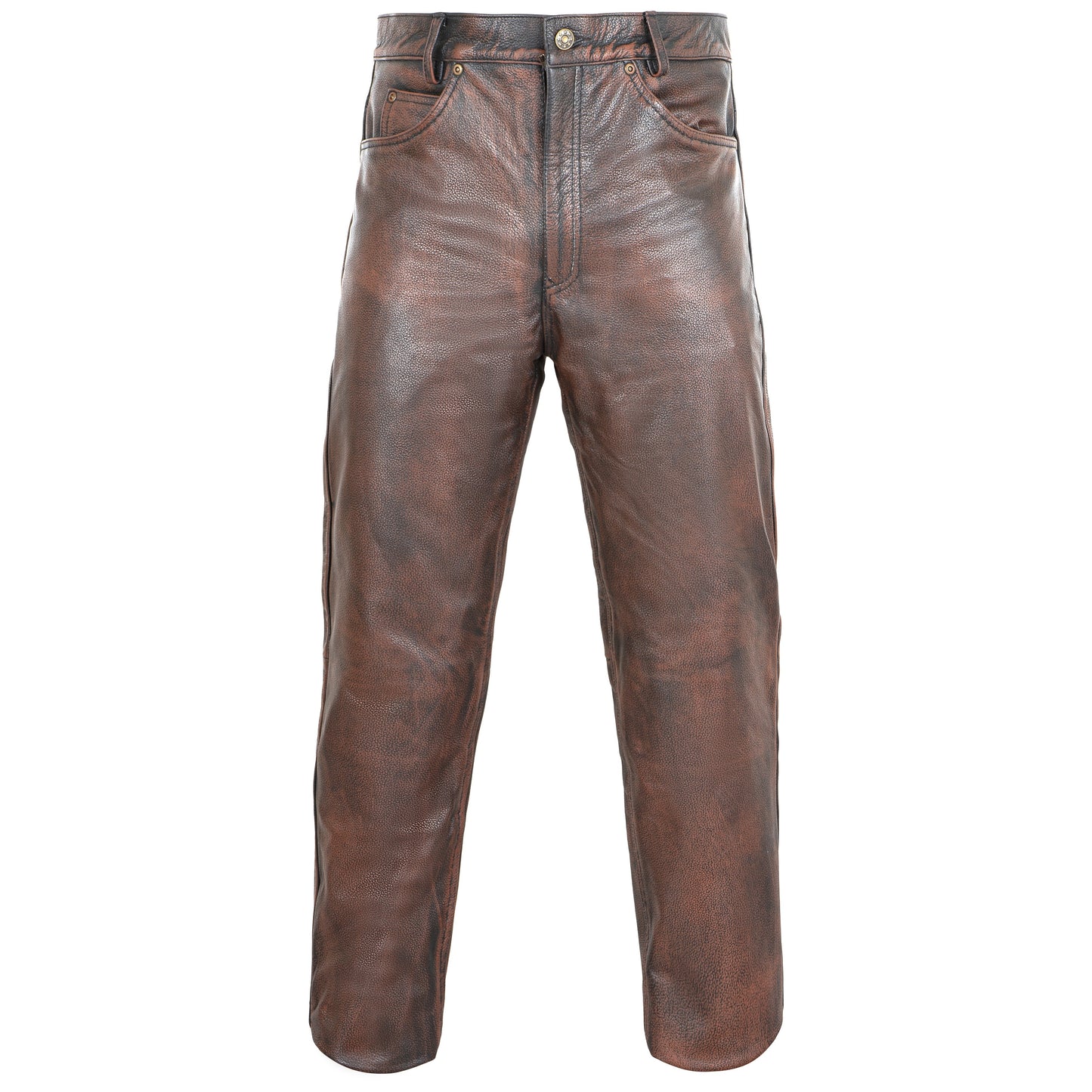 ZAWIAR Men's Brown Distressed Leather Classic Motorcycle Trousers Pants for Bikers