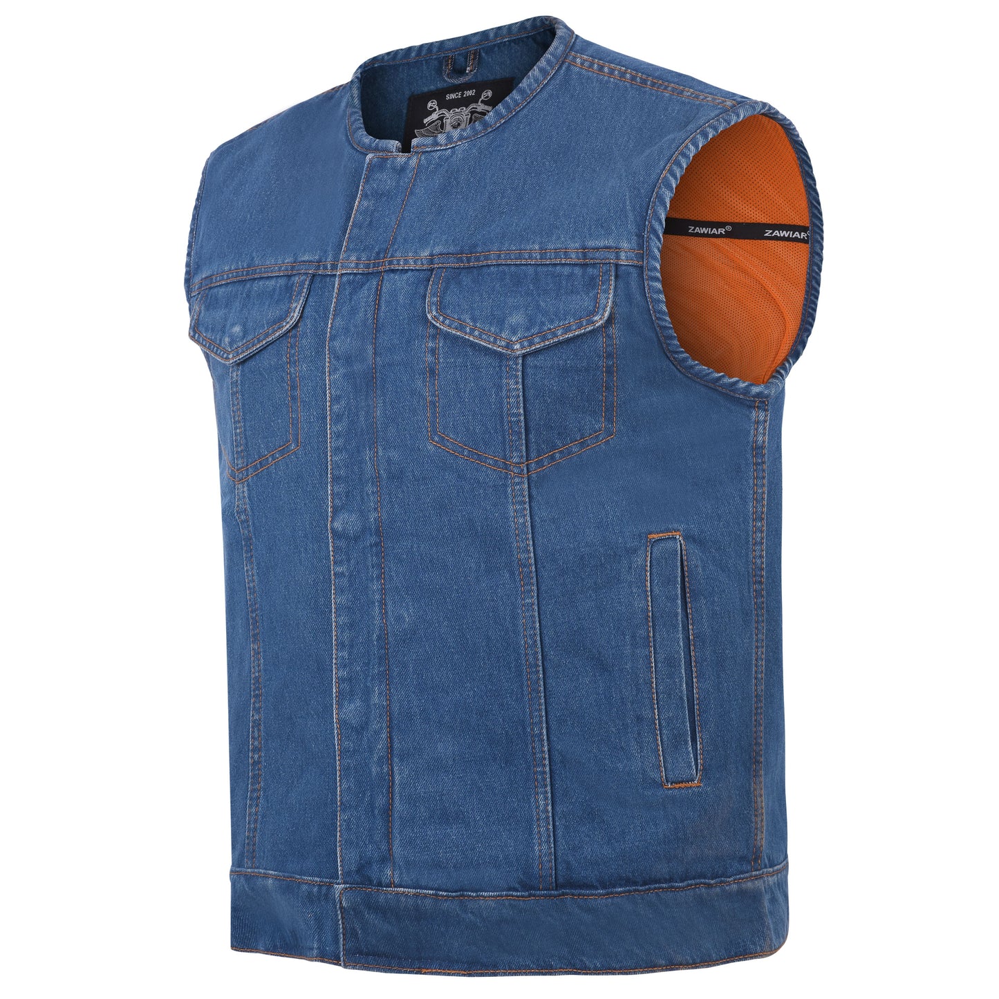 ZAWIAR Mens Blue Denim Classic Club Style Motorcycle Waistcoat Vest for Bikers