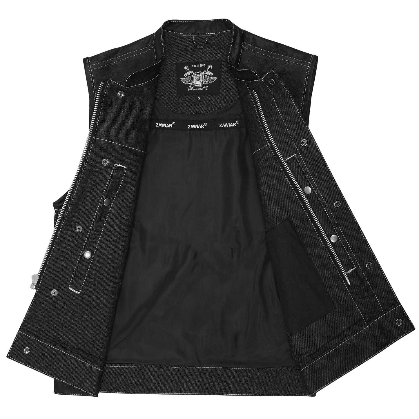 ZAWIAR Mens Black Leather & Denim Classic Club Style Waistcoat Vest for Bikers…