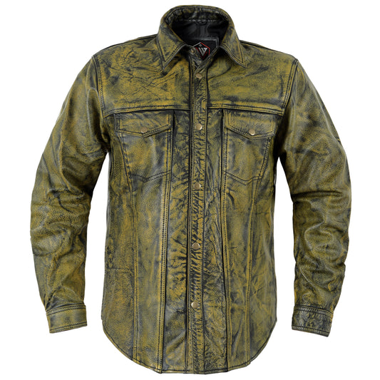ZAWIAR Premium Gold Distressed Leather Button-Down Shirt for Men - Full Sleeve Style for a Polished Look